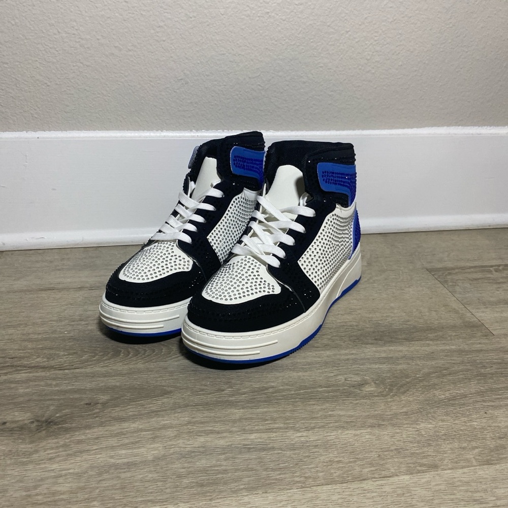 Blue and black high top rhinestone sneakers